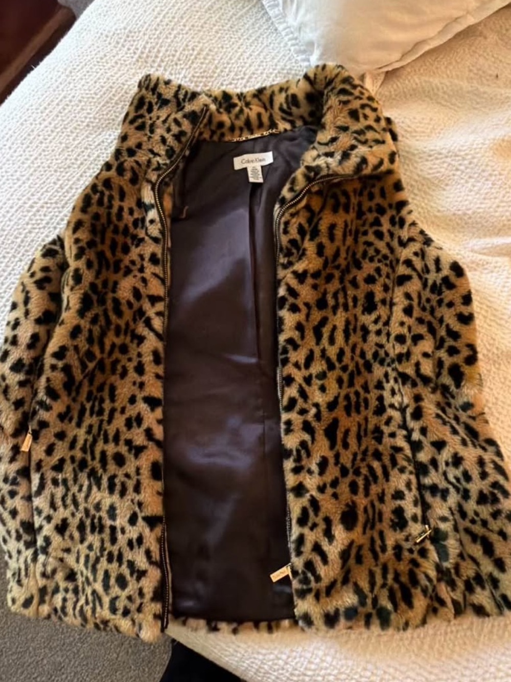 Calvin Klein Leopard Print Faux Fur Jacket in Tan and Black